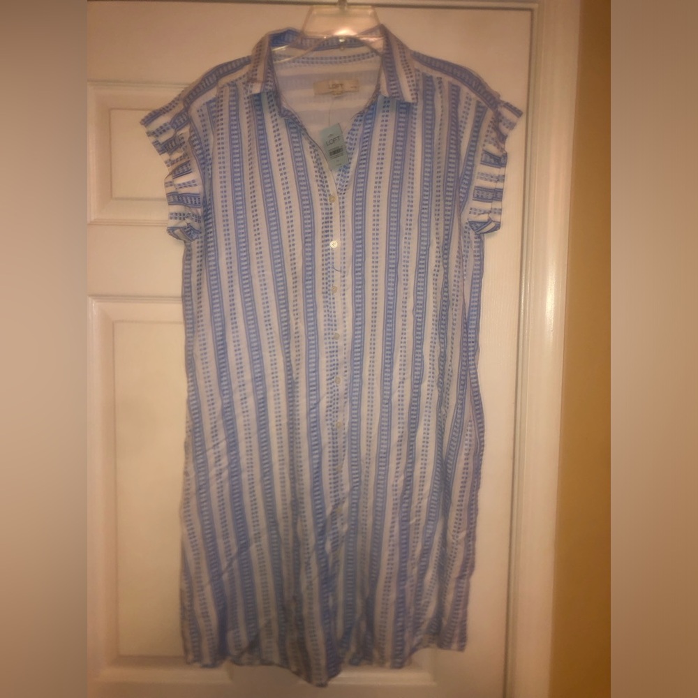 LOFT Blue & White Vertical Stripe Midi Shirt Dress with Ruffle Sleeves